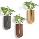 Set of three modern wall-mounted planters with wooden finishes in black, brown, and natural wood, each holding green leafy plants, ideal for home decor and indoor gardening.