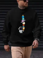 Astronaut graphic sweatshirt featuring planets and space elements, perfect for science and space fans.