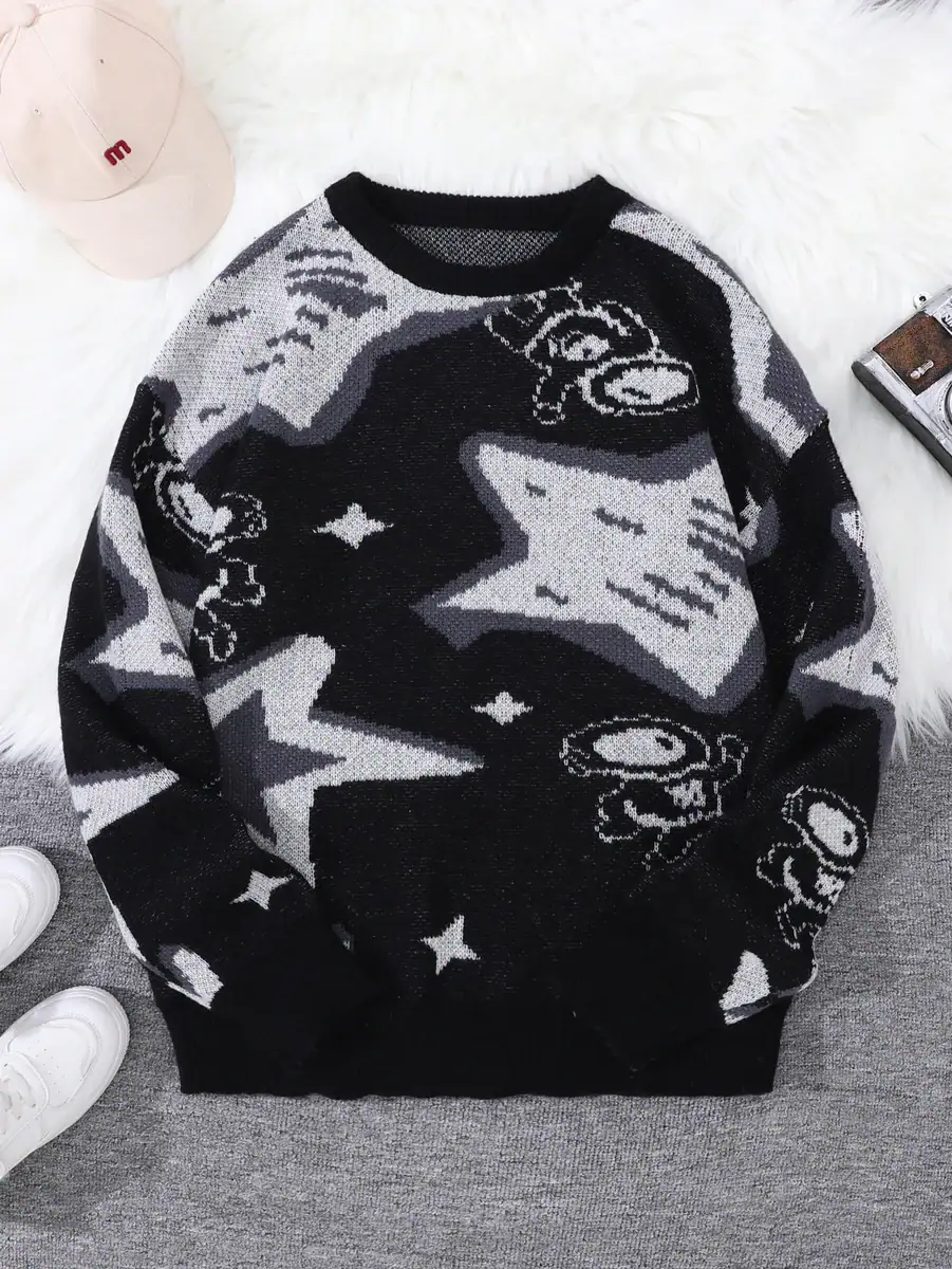 Pull noir à motifs scientifiques et étoiles Pull scientifique à motifs d'astronomie et d'astres, parfait pour les amateurs de science et de décoration intérieure inspirée de l'univers.