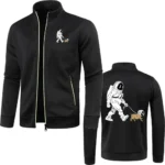 Black kids' jacket featuring a space explorer dog graphic on the front and back, with a zipper closure and pockets, perfect for science-themed fashion and educational activities.