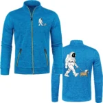 Blue fleece jacket featuring an embroidered astronaut dog walking a small dog, perfect for science-themed fashion or educational apparel.