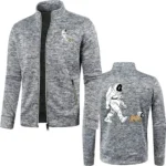 Futuristic astronaut and dog embroidered on grey zip-up jacket.