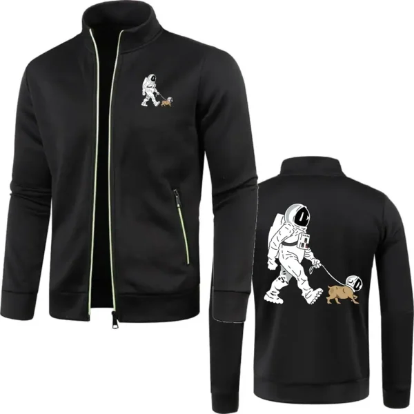 Black kids' jacket featuring a space explorer dog graphic on the front and back, with a zipper closure and pockets, perfect for science-themed fashion and educational activities.