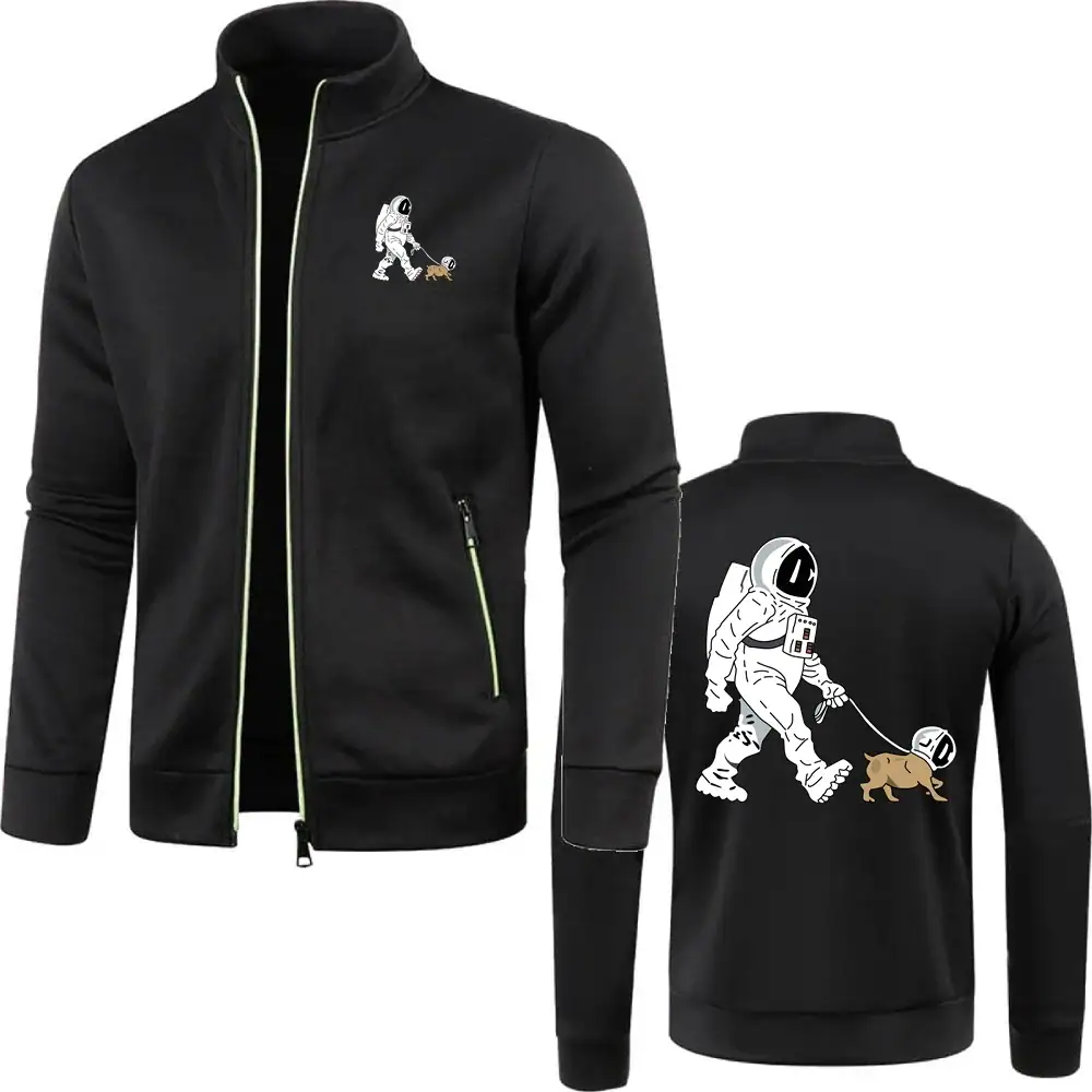 Space Explorer Dog Jacket for Kids Black kids' jacket featuring a space explorer dog graphic on the front and back, with a zipper closure and pockets, perfect for science-themed fashion and educational activities.