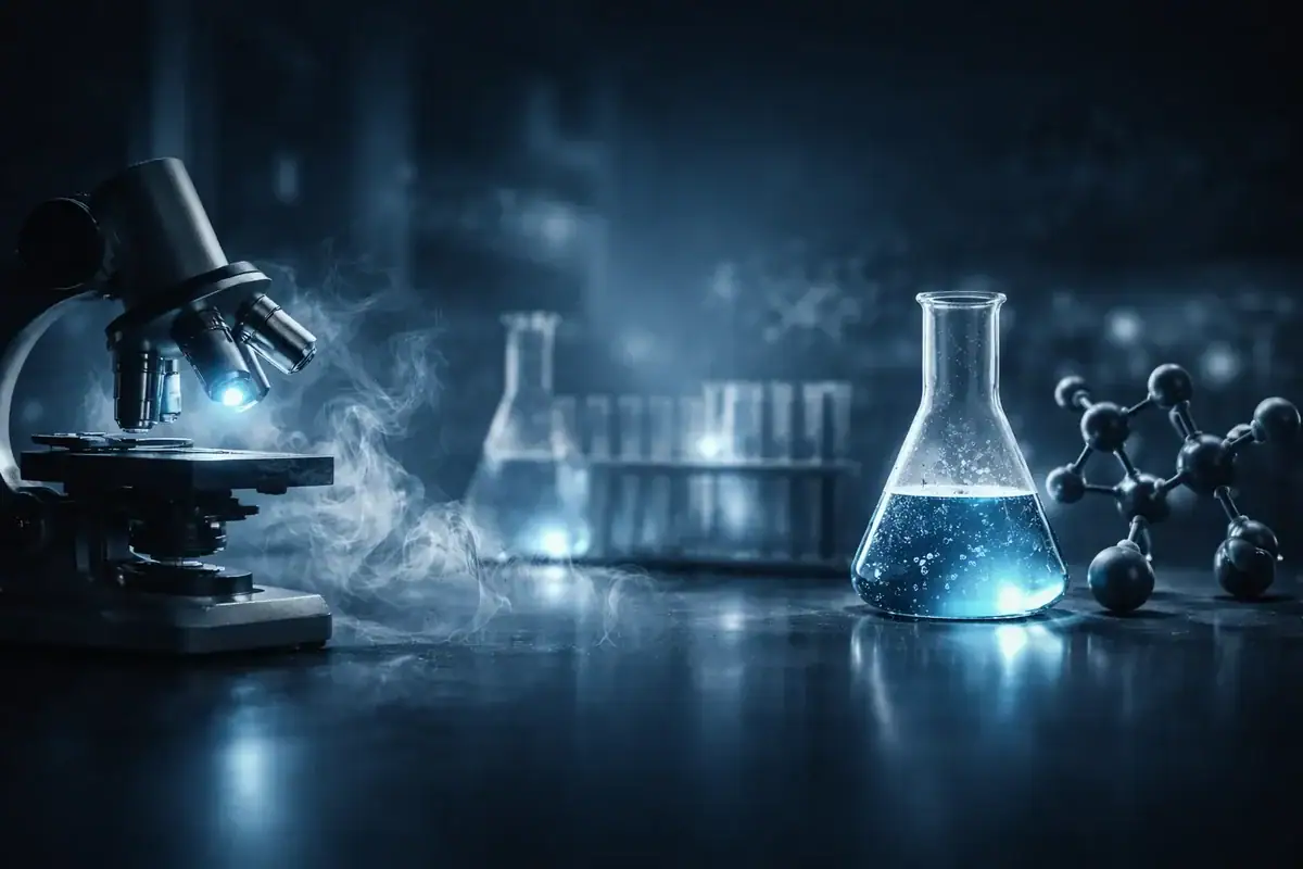 A microscope, a beaker with blue liquid, and molecular models on a dark laboratory table, illuminated by soft blue lighting, representing scientific research and chemistry experiments.