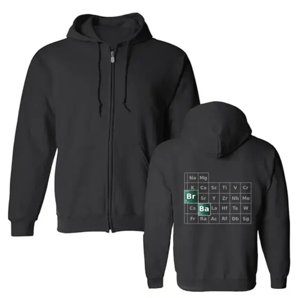 Veste à capuche zippée inspirée de Breaking Bad, avec design de la table périodique. Parfait pour les fans de la série et la décoration geek.