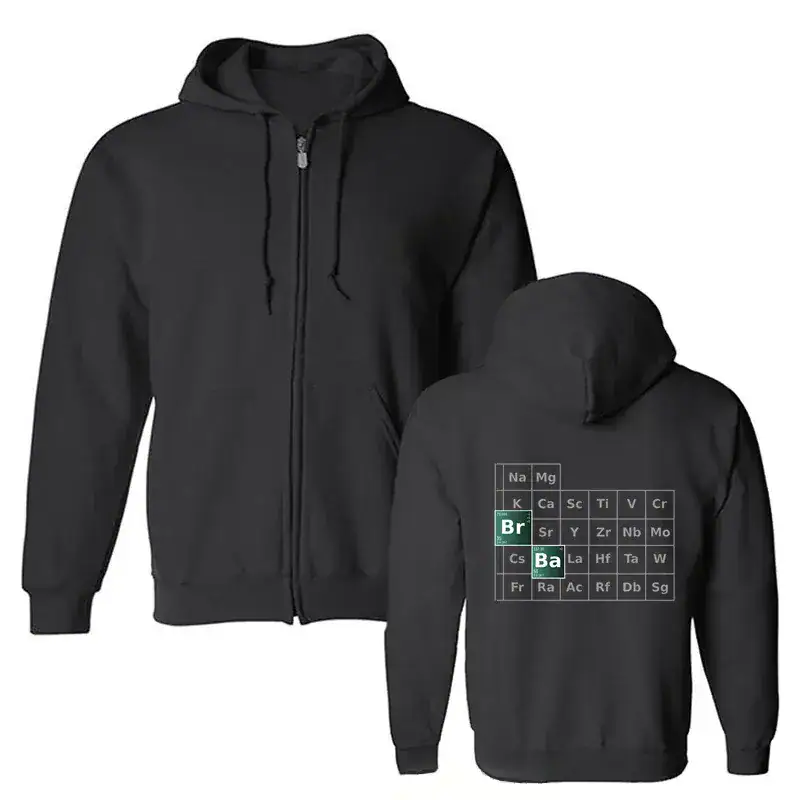 Sweat zippé Breaking Bad Veste à capuche zippée inspirée de Breaking Bad, avec design de la table périodique. Parfait pour les fans de la série et la décoration geek.