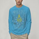 Blue sweatshirt featuring a lightbulb graphic with the word "idea" and scientific sketches, perfect for science enthusiasts and educators.