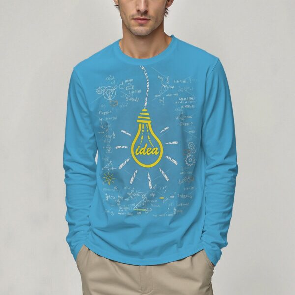 Blue sweatshirt featuring a lightbulb graphic with the word "idea" and scientific sketches, perfect for science enthusiasts and educators.