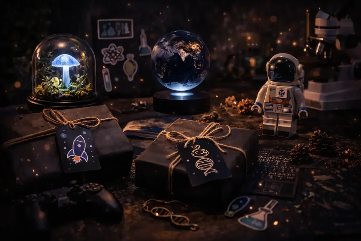 A futuristic science-themed workspace featuring a globe, astronaut figurine, and scientific models illuminated in a dark setting. Perfect for science enthusiasts and educational purposes.