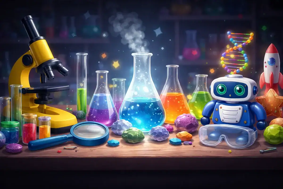 Colorful science experiment setup with laboratory glassware, a microscope, a robot toy, and a DNA model, perfect for educational science activities and STEM learning.