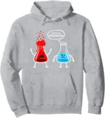 Gray hoodie featuring a cartoon illustration of a red and blue beaker character with expressive faces, one sweating and the other sad, with a speech bubble saying "Thank you're OVERREACTING.".