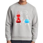 Fun science-themed sweatshirt featuring cartoon test tubes with expressive faces, illustrating a humorous reaction between a stressed red test tube and a calm blue one.