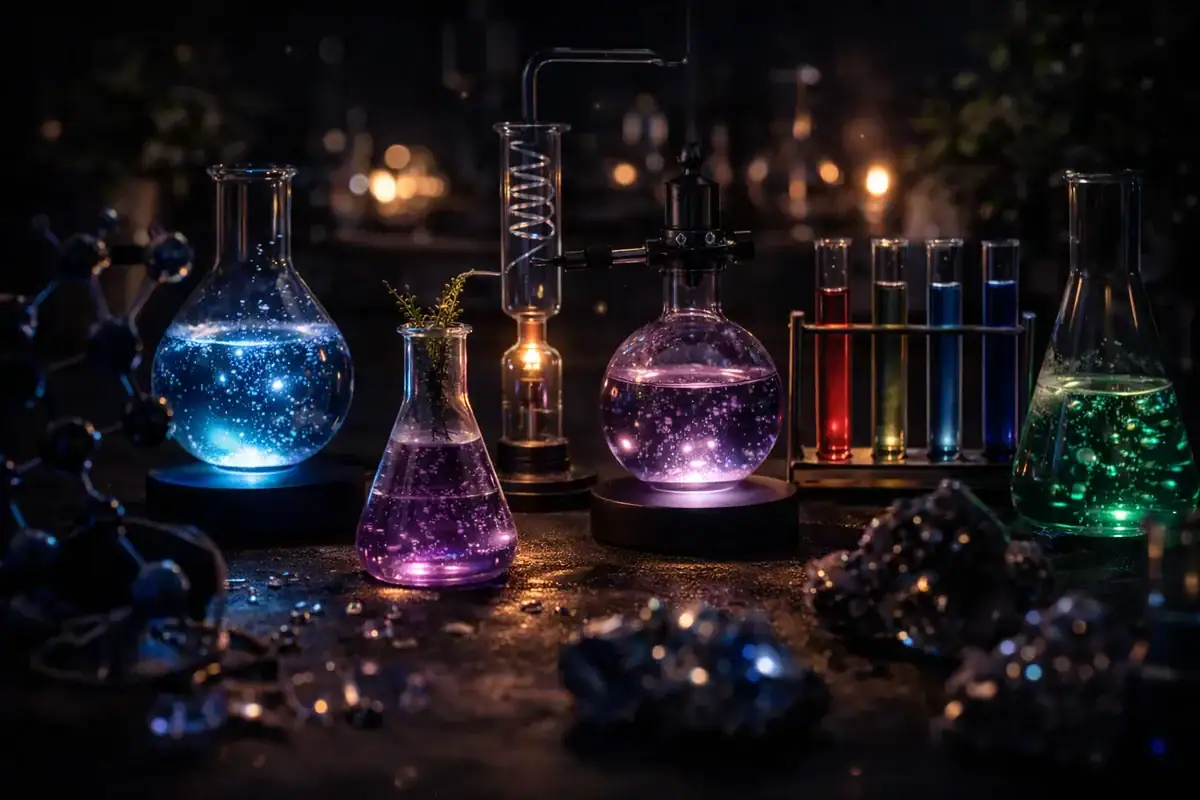 A collection of illuminated laboratory glassware with colorful glowing liquids, set against a dark background, showcasing science-themed decor and educational experiment kits.