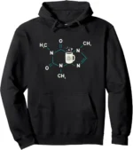 Sweat à capuche noir avec design moléculaire et tasse de café, parfait pour les amateurs de science et de chimie, alliant style et passion scientifique.
