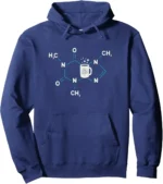 Blue hoodie featuring a molecular structure with a coffee mug at the center, perfect for science enthusiasts and students.