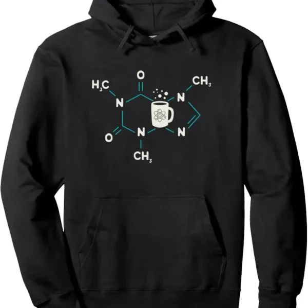 Sweat à capuche noir avec design moléculaire et tasse de café, parfait pour les amateurs de science et de chimie, alliant style et passion scientifique.