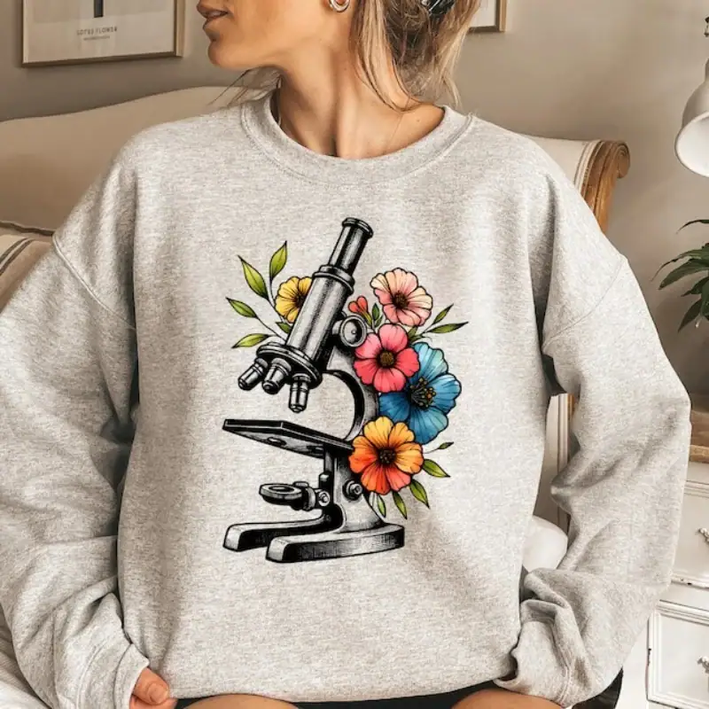 Microscope et fleurs colorées sur sweat gris Microscope illustré avec des fleurs colorées sur un sweat gris, combinant science et nature dans un style moderne et tendance.