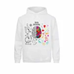 Veste à capuche blanche avec illustration du cerveau, combinant éléments scientifiques et artistiques, idéale pour les passionnés de sciences et d'art.