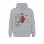 Sweat à capuche avec design de cerveau coloré et éléments scientifiques, parfait pour les amateurs de neurosciences et d'art.