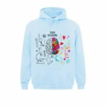 Veste à capuche avec design de cerveau coloré et éléments scientifiques, idéale pour les amateurs de sciences et d'art.