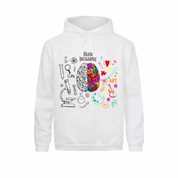 Veste à capuche blanche avec illustration du cerveau, combinant éléments scientifiques et artistiques, idéale pour les passionnés de sciences et d'art.