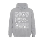 Sweat à capuche gris avec motifs liés à l'ingénierie logicielle, idéal pour les passionnés de technologie et de programmation.