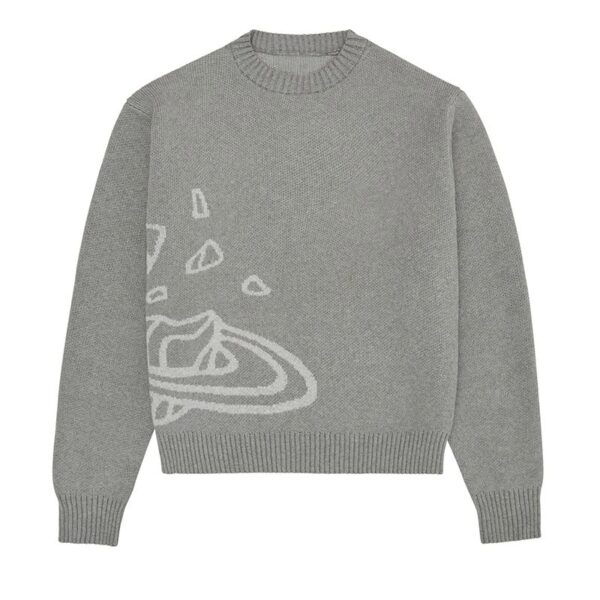 Gray knitted sweater featuring a subtle abstract pattern, perfect for casual wear and comfortable style.