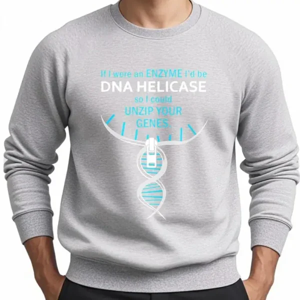 Sweater with DNA pattern and humorous message about unlocking genes.