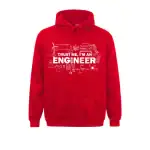 Red hoodie featuring white engineering and science graphics with the text "Trust me, I'm an engineer" in bold. Perfect for science enthusiasts and engineering students.