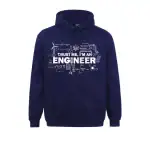 Hooded sweatshirt featuring "Trust Me, I'm an Engineer" text with engineering and scientific symbols in white on navy background.