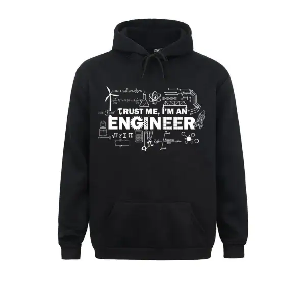 Engineer's hoodie featuring scientific and engineering graphics with the phrase "Trust me, I'm an engineer" in bold text. Perfect for science enthusiasts and engineering professionals.