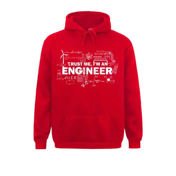 Red hoodie featuring white engineering and science graphics with the text "Trust me, I'm an engineer" in bold. Perfect for science enthusiasts and engineering students.