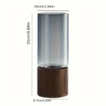 A clear glass cylinder with a wooden base, measuring 25cm in height and 10cm in diameter, ideal for science experiments or decorative purposes.