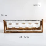 Glass test tube rack with five test tubes filled with clear liquid, wooden frame, and measurement details.