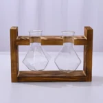 Erlenmeyer flasks in a wooden stand, ideal for science experiments and educational displays.