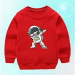 Red children's sweatshirt featuring a cartoon astronaut in space suit, perfect for kids interested in space and science.