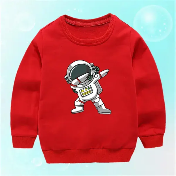 Red children's sweatshirt featuring a cartoon astronaut in space suit, perfect for kids interested in space and science.