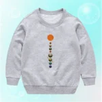 Children's sweatshirt featuring a solar system design with the Sun and planets aligned vertically on a light gray background. Perfect for science-loving kids and educational purposes.