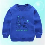 Blue children's sweatshirt featuring a space-themed design with a rocket, planets, and stars, perfect for young science enthusiasts.