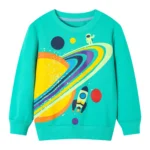 Bright turquoise children's sweatshirt featuring a space exploration theme with an astronaut, rocket, and colorful planets. Perfect for science lovers and space enthusiasts.