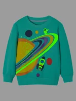 A colorful children's sweatshirt featuring a space-themed design with planets, a rocket, and an astronaut. Perfect for science enthusiasts and young explorers.