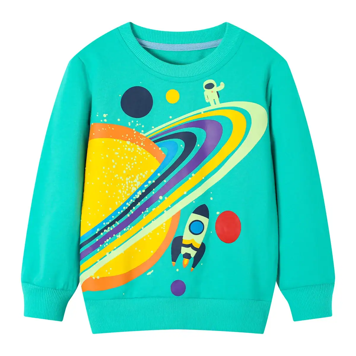 Space-themed children's sweatshirt with astronaut and rocket design Bright turquoise children's sweatshirt featuring a space exploration theme with an astronaut, rocket, and colorful planets. Perfect for science lovers and space enthusiasts.