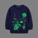 Bright space-themed sweatshirt featuring planets, rockets, and stars in vibrant colors for kids.