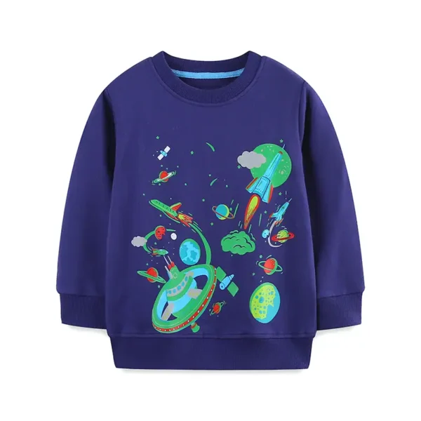 Brightly colored children's sweatshirt with space-themed design featuring planets, rockets, and stars.