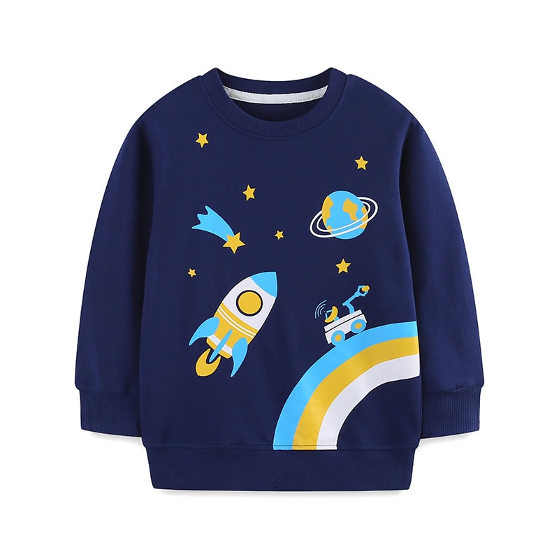 Pull enfant motif espace Vêtement pour enfant avec motif spatial, fusée, planète et arc-en-ciel. Idéal pour les petits passionnés d'astronomie et d'exploration spatiale.