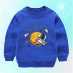 Blue children's sweatshirt featuring a space-themed design with an astronaut, planets, and rockets, perfect for kids interested in science and space exploration.