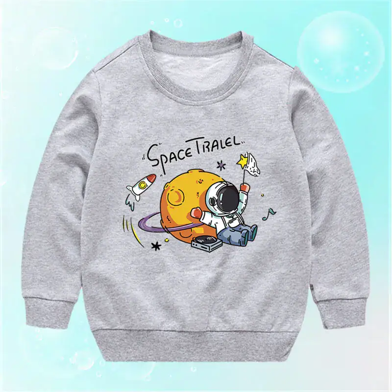Space Travel Kids Sweatshirt Children's sweatshirt featuring a fun space travel design with an astronaut, rocket, and planets, perfect for young science enthusiasts.