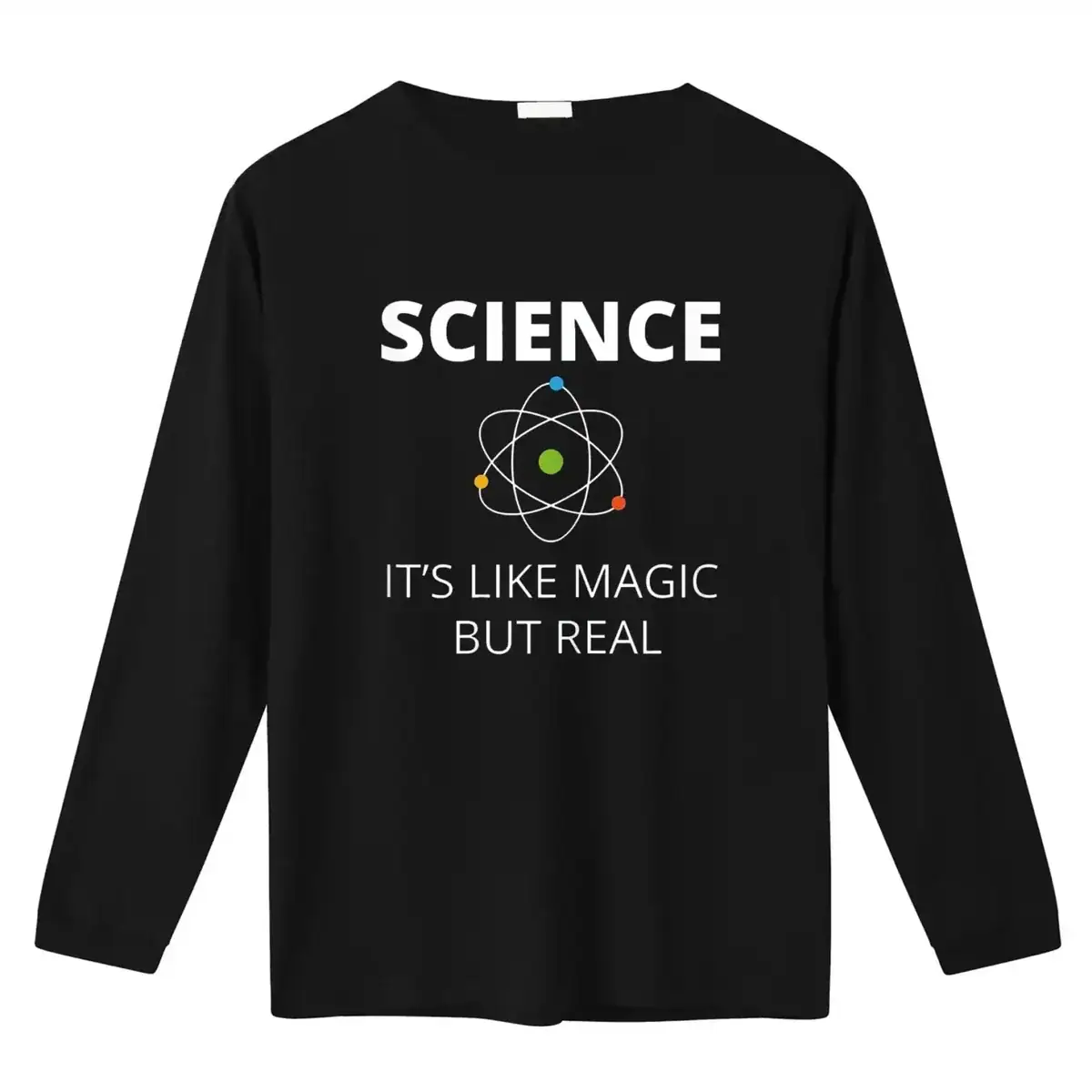 T-shirt avec motif scientifique et slogan T-shirt noir avec motif atomique et texte "Science, c'est comme la magie mais en vrai" pour les amateurs de science et de décoration geek.