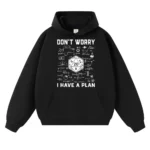 Black hoodie featuring a science-themed design with mathematical formulas and a 20-sided die, perfect for science enthusiasts and students.